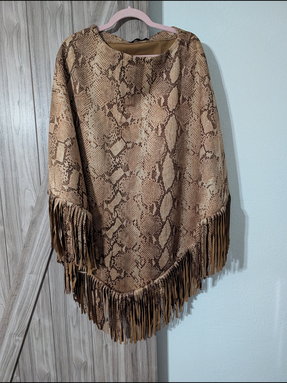 Lucky & Blessed Brown Tan Snake-Print Fringe Poncho
